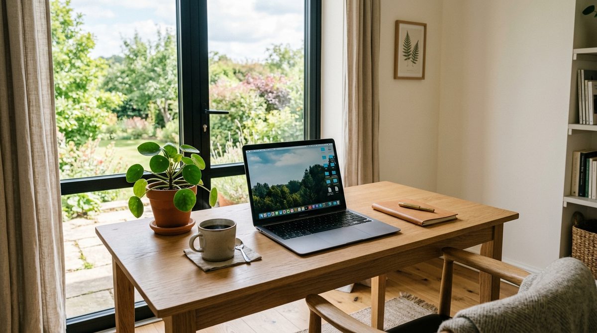 Escritorio de madera junto a una ventana con vistas al jardín, portátil abierto, una planta y una taza de café