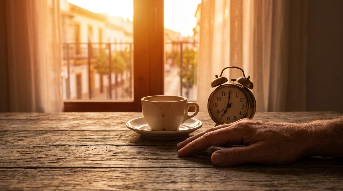 Una mano apoyada sobre una mesa de madera junto a una taza de café y un reloj, con luz cálida de atardecer entrando por la ventana