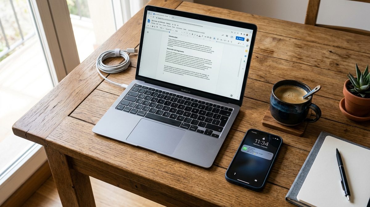 Un portátil abierto con un documento a medio escribir, un teléfono con una notificación iluminada y una taza de café sobre una mesa de madera