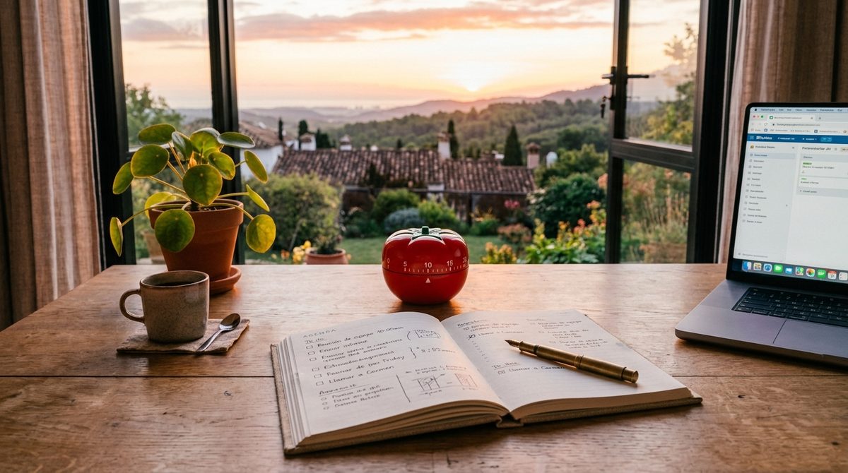 Temporizador de cocina en forma de tomate junto a una agenda abierta y un portátil sobre un escritorio de madera