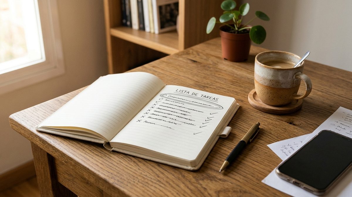Una libreta abierta sobre un escritorio de madera con una lista de tareas escrita a mano, la primera rodeada con un círculo como pendiente, junto a un bolígrafo, una taza de café y un teléfono boca abajo