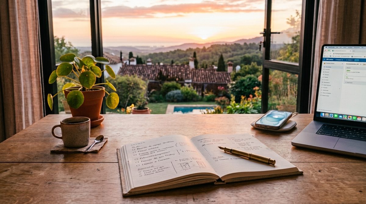Cuaderno abierto con anotaciones, una taza de café y un teléfono móvil sobre un escritorio de madera