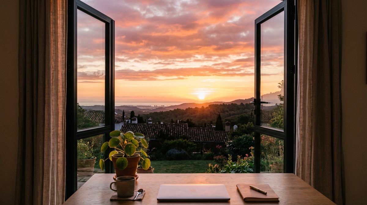 Amanecer visto desde una ventana abierta, con un escritorio y una planta en primer plano