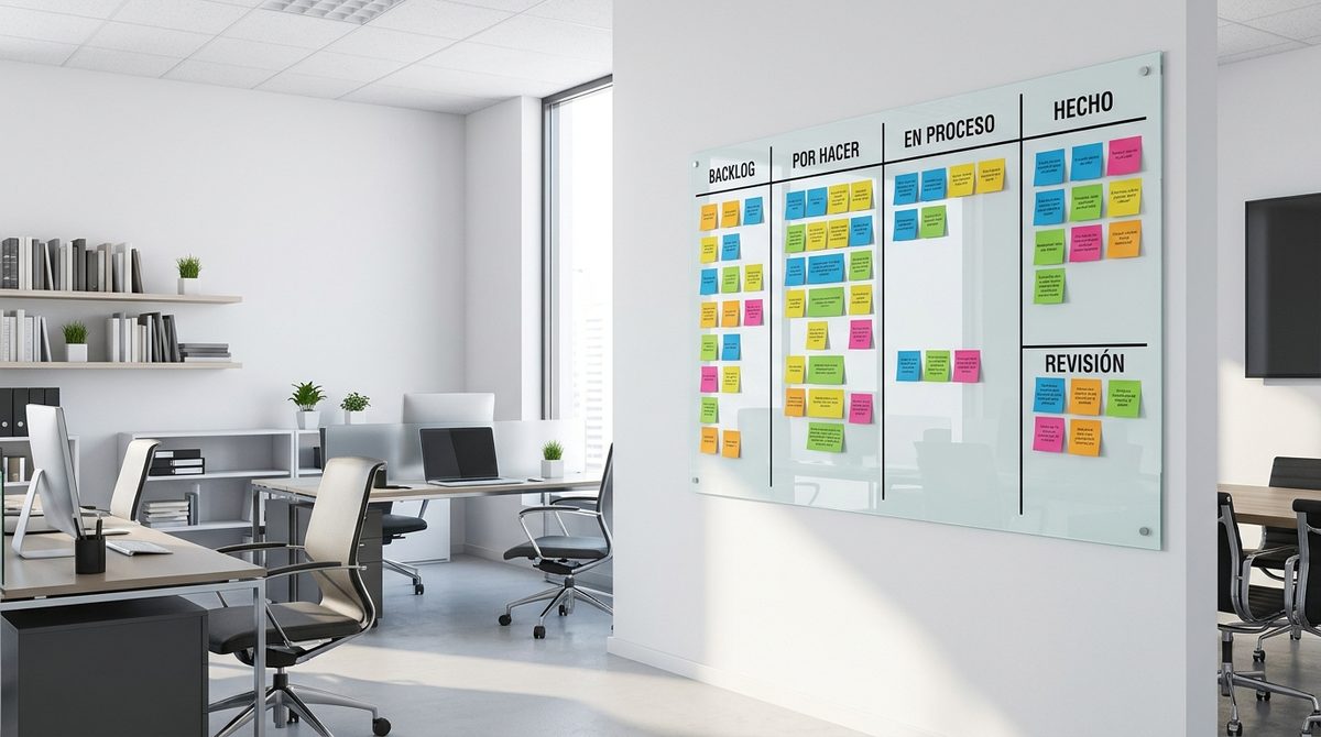 Tablero Kanban físico con notas adhesivas de colores organizadas en columnas